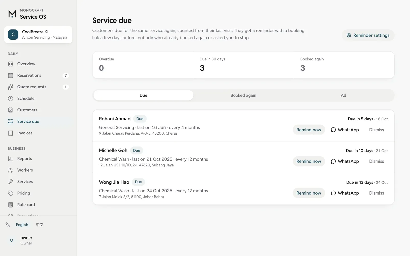 The Service due page on a computer: customers due for the same service again.
