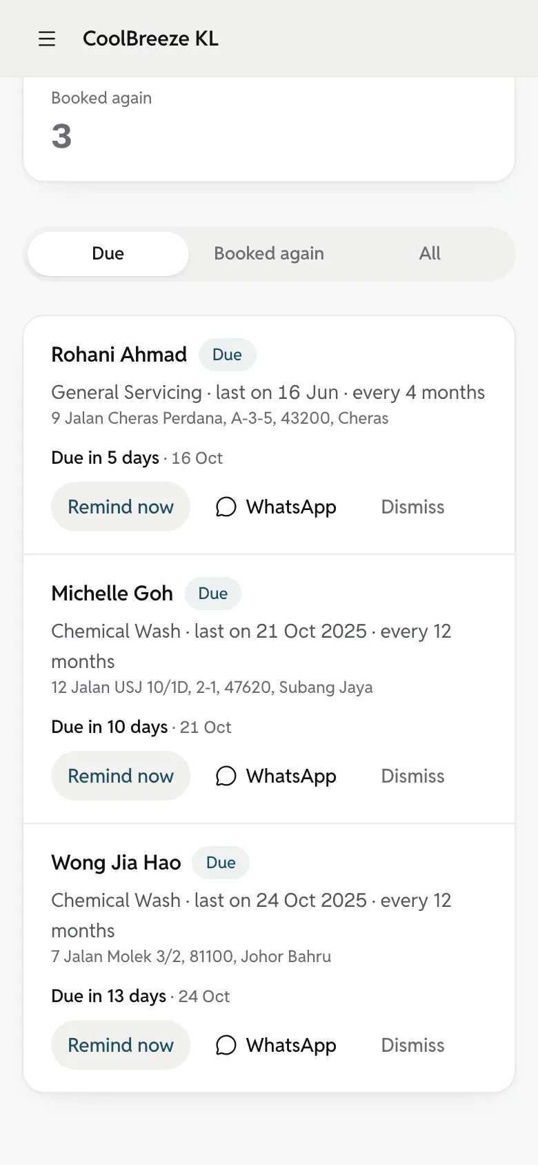 The Service due page on a phone: customers due again, each with a WhatsApp button.