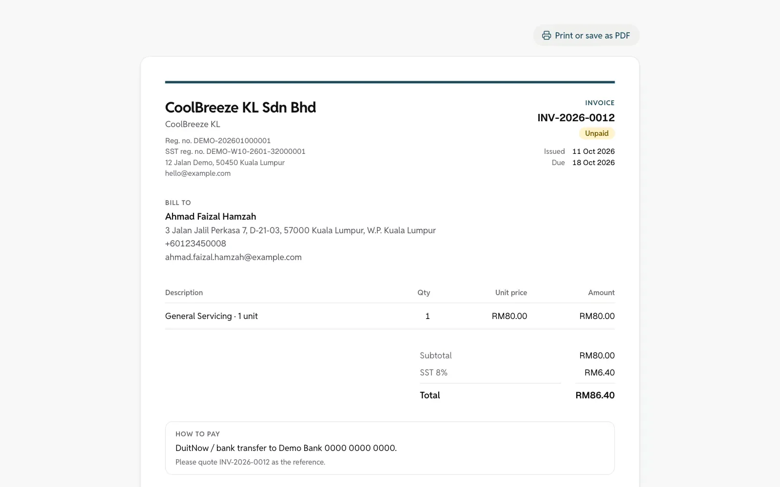 An invoice on a computer: the business’s details, the customer, the service, tax and how to pay.