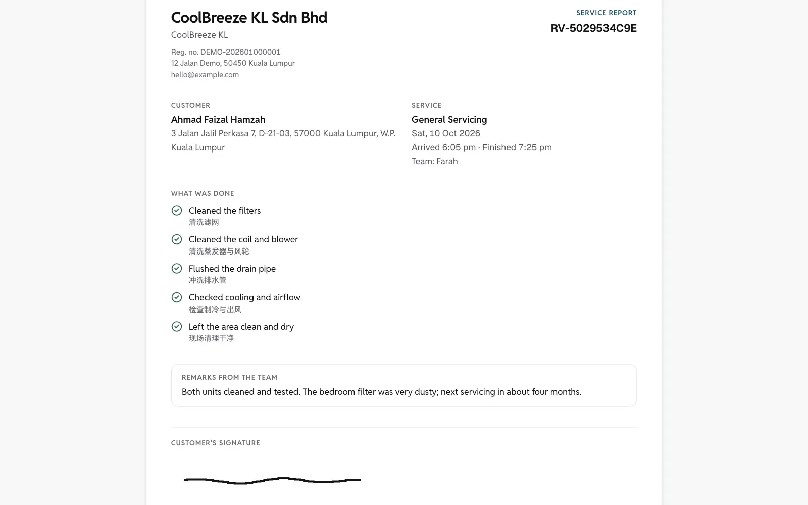 A service report on a computer: checklist, notes, photos and the customer’s signature.