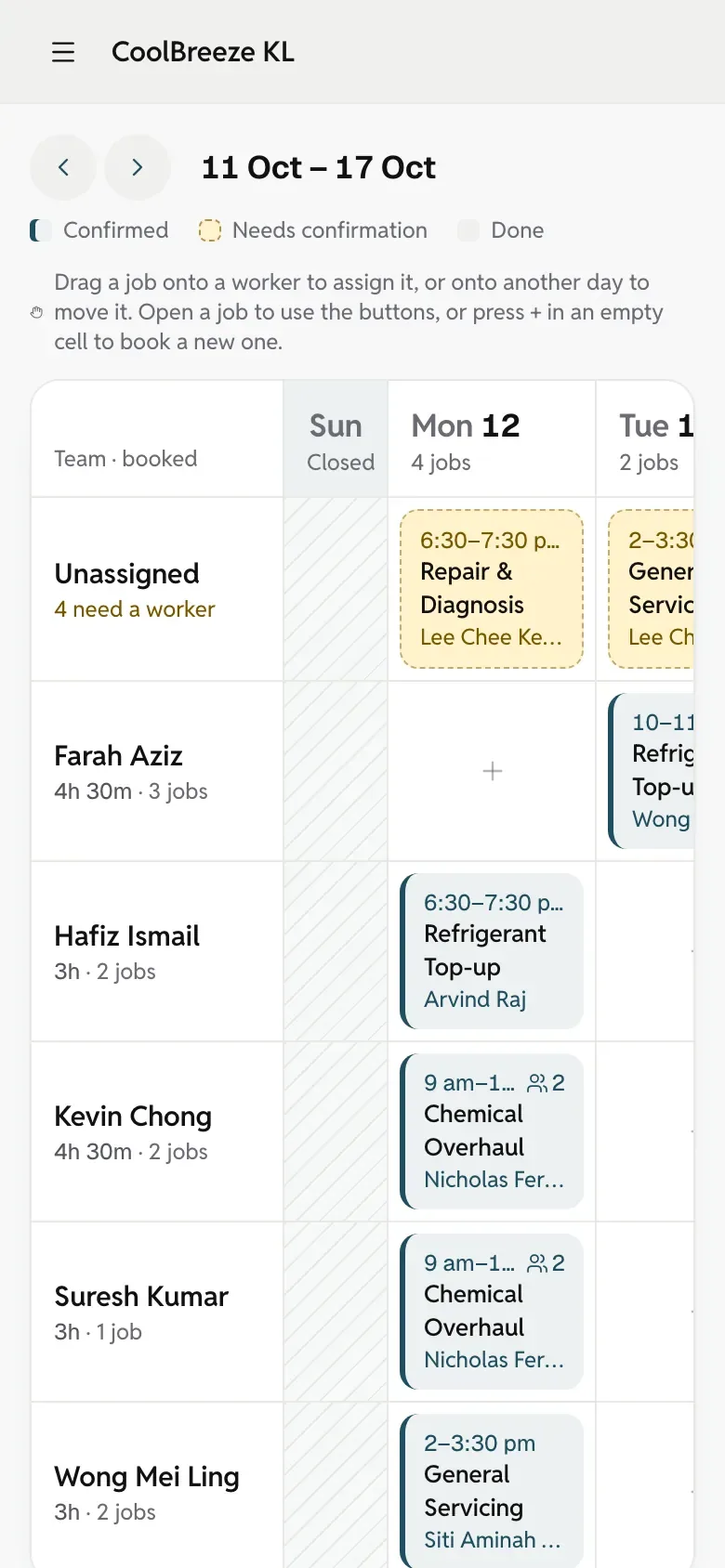 The owner’s schedule on a phone: the team’s jobs for the day.