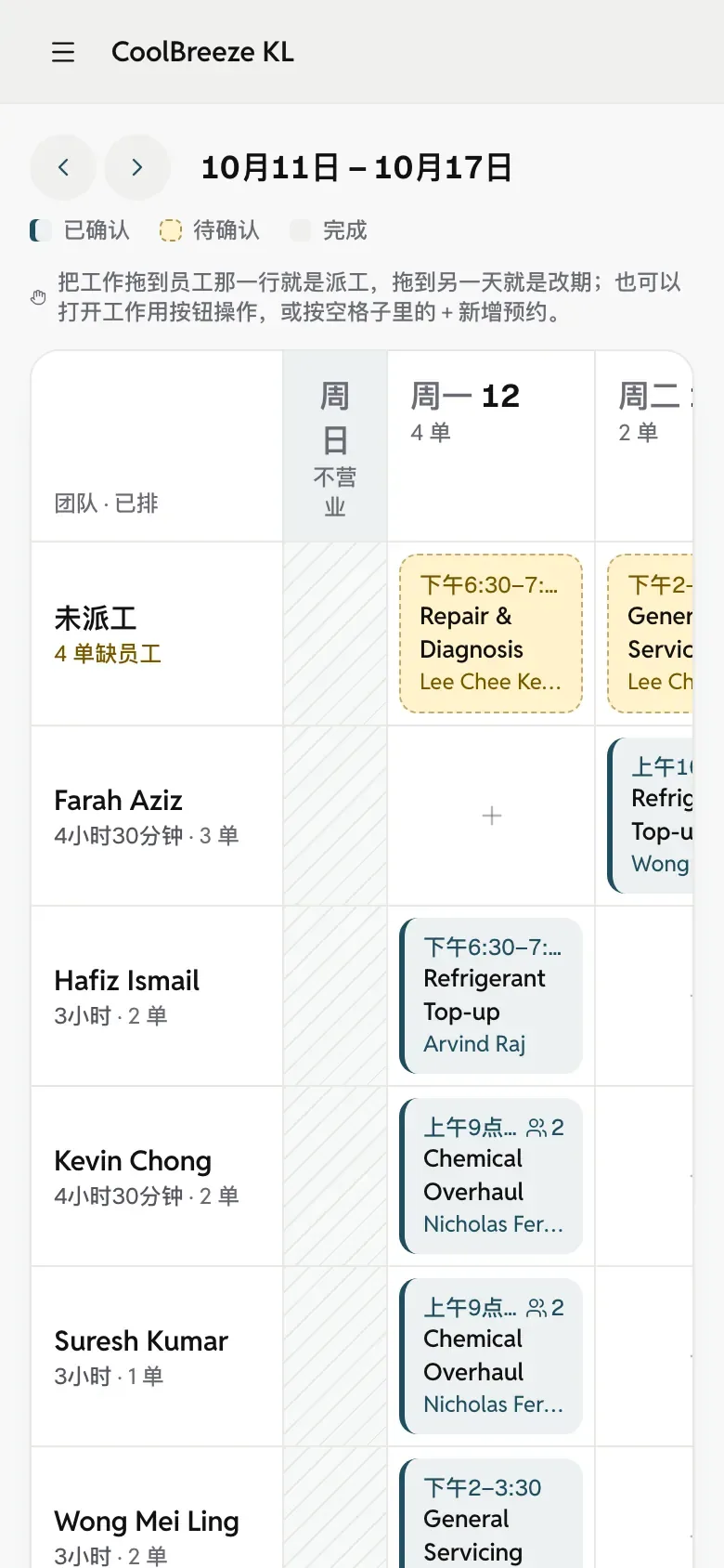 手机上的老板排班：团队当天的工作。