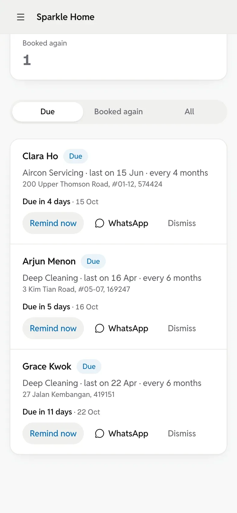 The Service due page on a phone: customers due again, each with a WhatsApp button.
