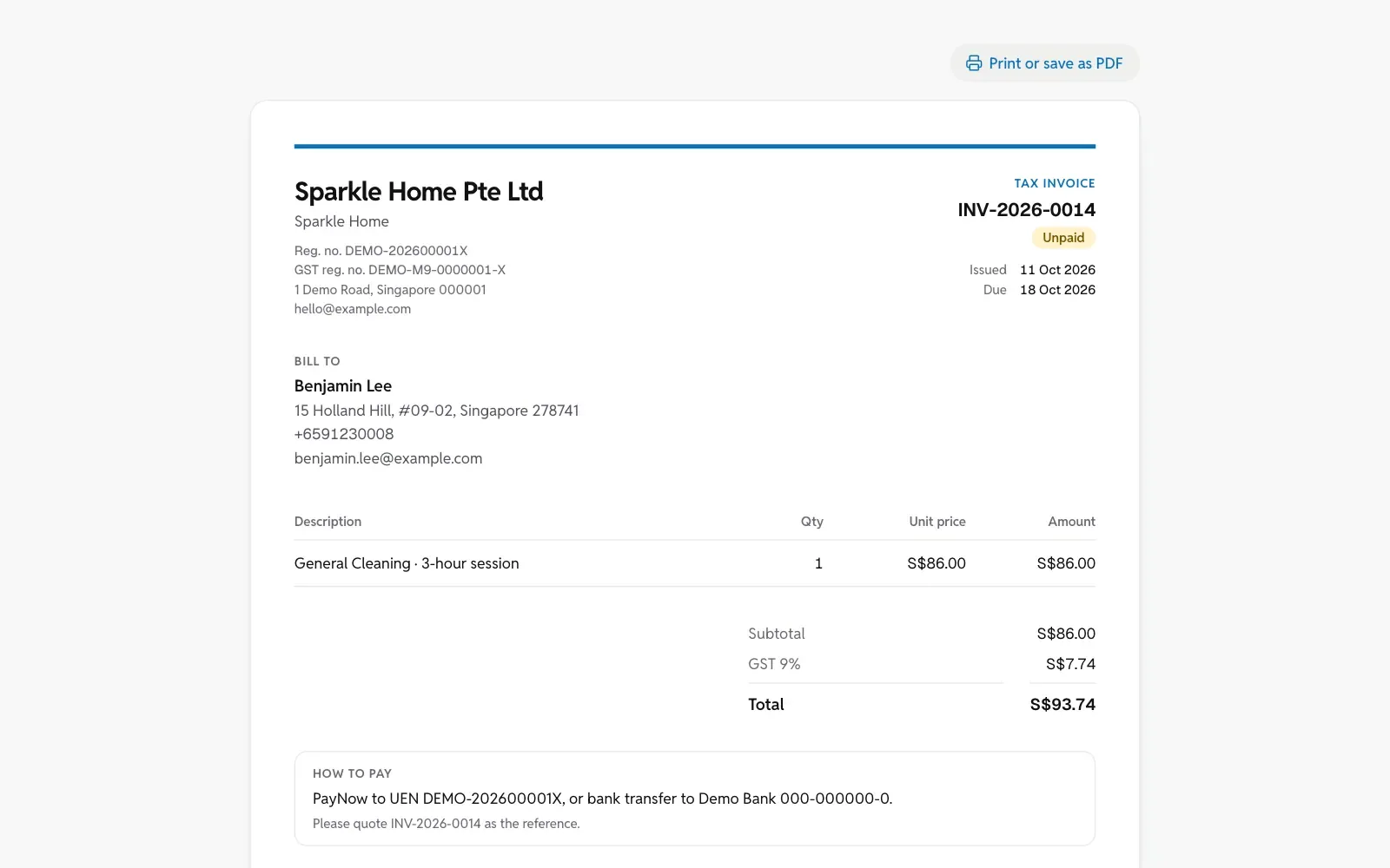 An invoice on a computer: the business’s details, the customer, the service, tax and how to pay.