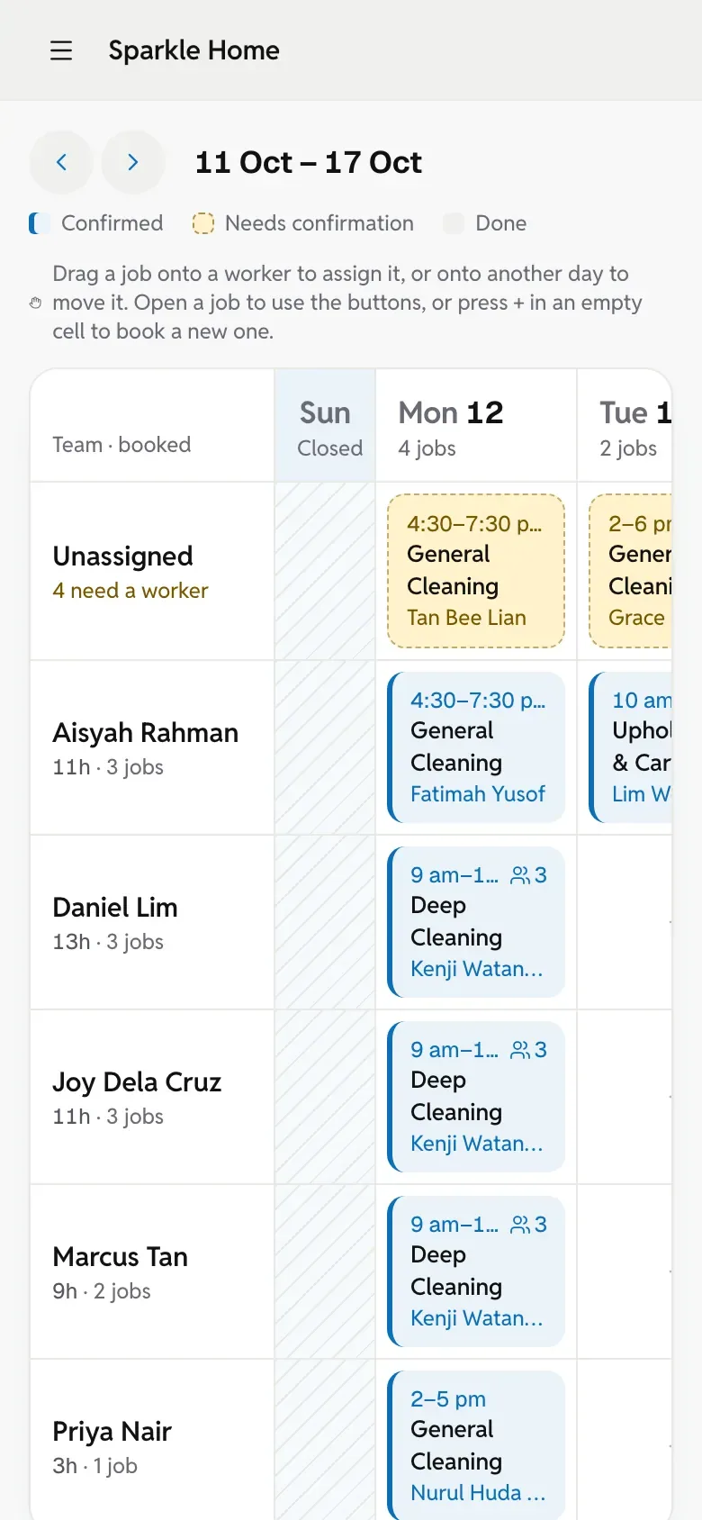 The owner’s schedule on a phone: the team’s jobs for the day.