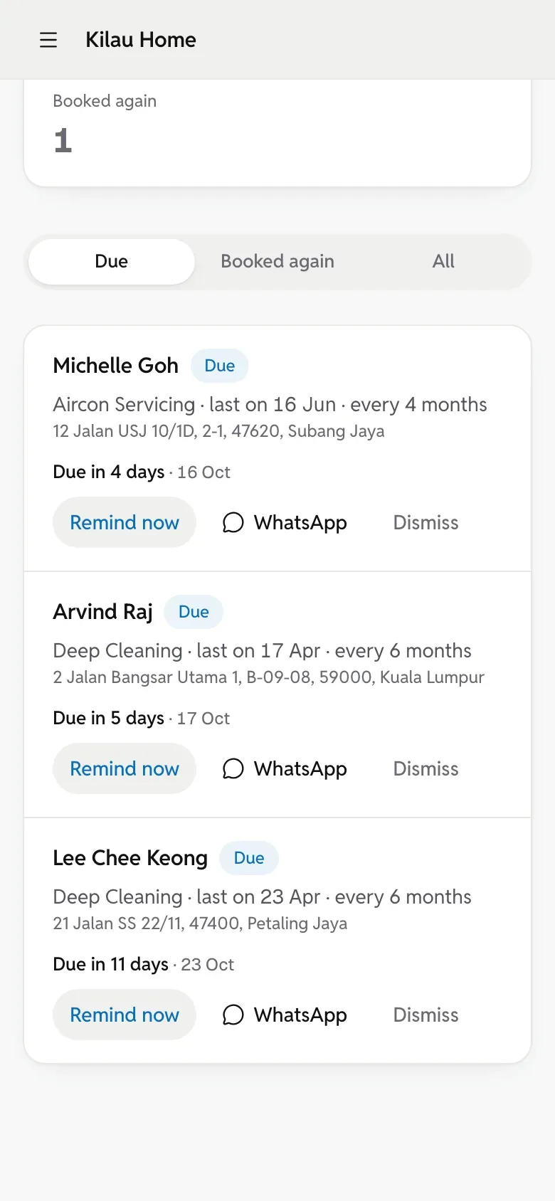 The Service due page on a phone: customers due again, each with a WhatsApp button.