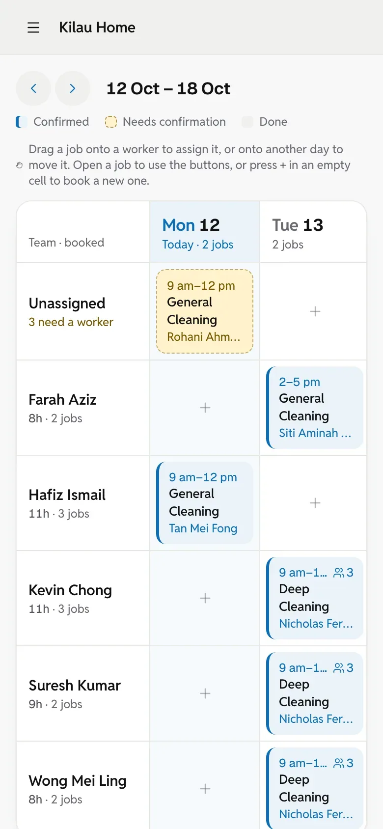 The owner’s schedule on a phone: the team’s jobs for the day.