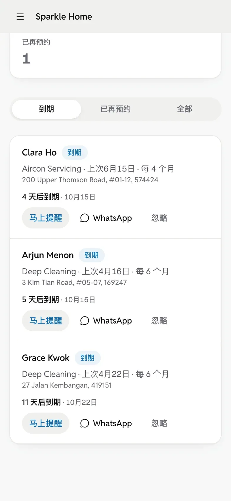 手机上的保养到期页：到期的顾客，每位都有 WhatsApp 按钮。