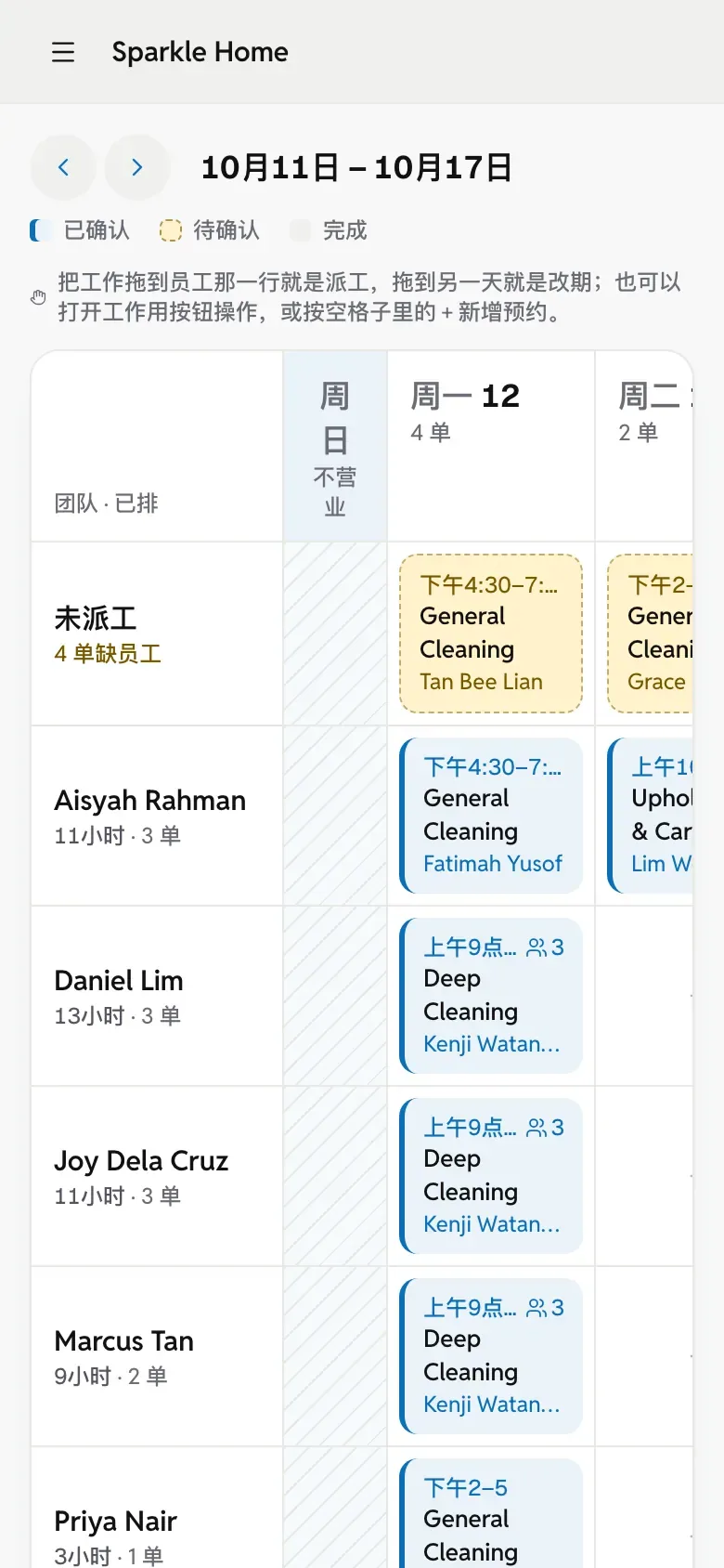 手机上的老板排班：团队当天的工作。