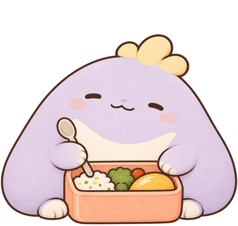 Peppomi’s lilac mascot holding a spoon over a lunchbox.
